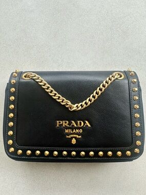 PRADA PATTINA BLACK GLACÉ CALF GOLD FLAP CROSSBODY BAG